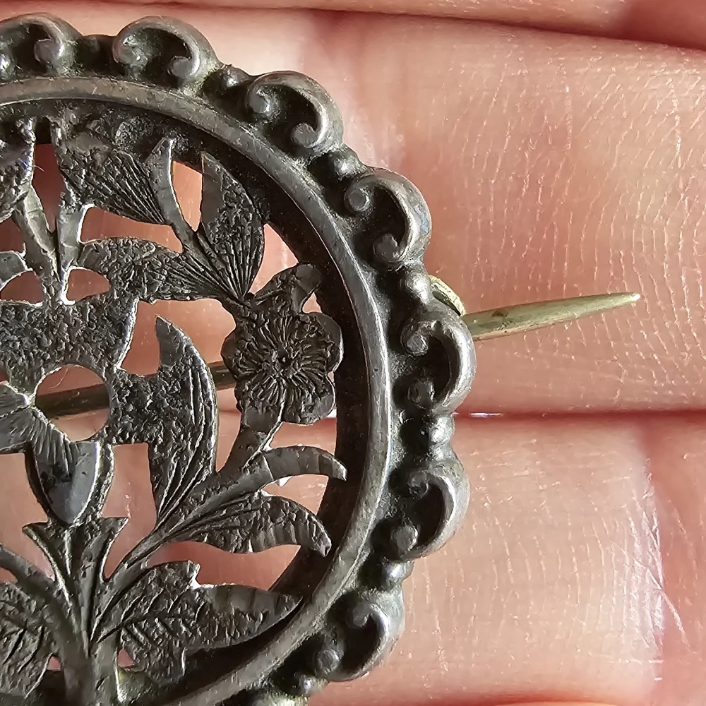 Antique floral brooch Victorian flowers silver tone cutout vintage old pin